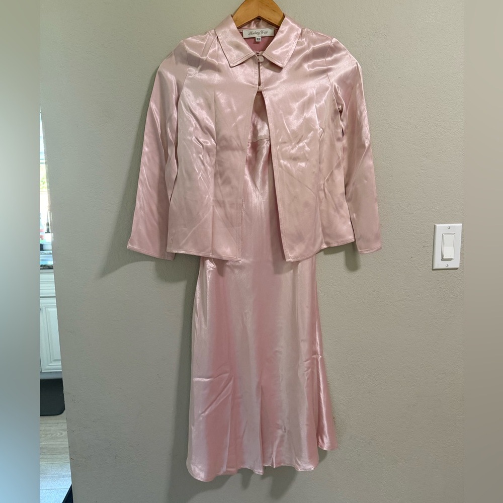 Monkey Wear Pink Satin Dress & Cropped Jacket Set – Size 8/10